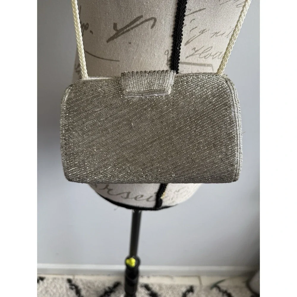 Vintage Neiman Marcus Evening Bag Silver Beaded  Purse‎ chain strap
